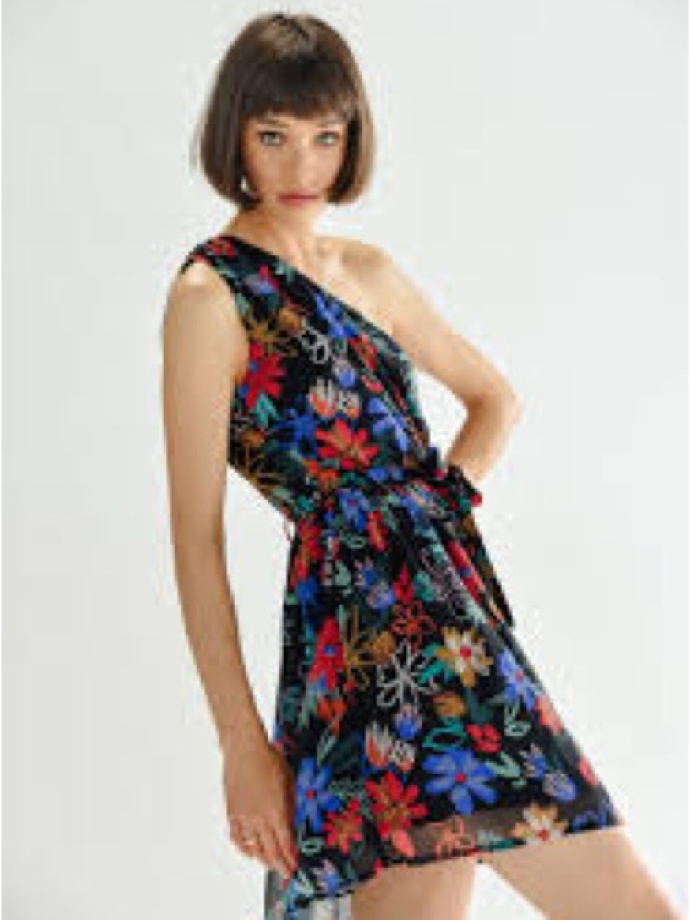 Molly Bracken floral one shoulder mini dress Black Hawaii asymmetrical short